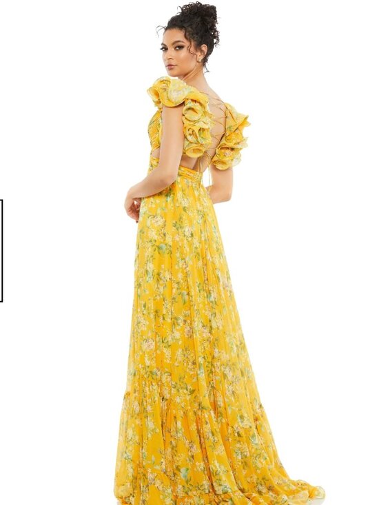 Mac Duggal Dresses & Skirts - Mac Duggal Yellow Ruffle Tiered Floral Cut-Out Chiffon Dress Size 0